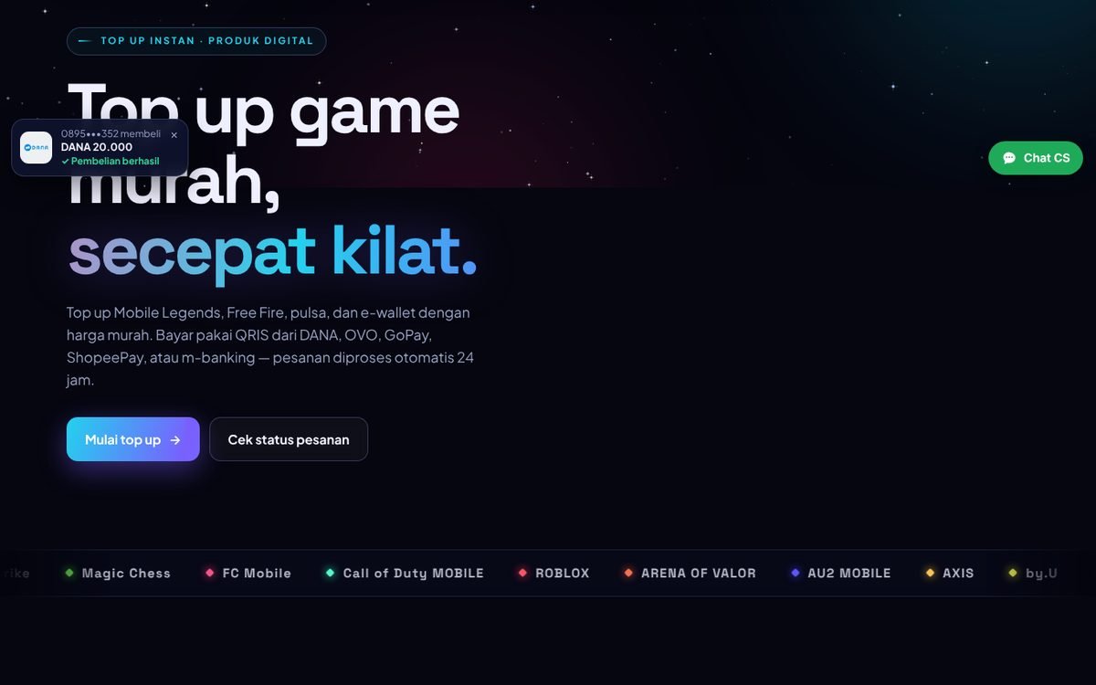 Tampilan beranda daulaytopup.id dengan tombol mulai top up dan cek status pesanan