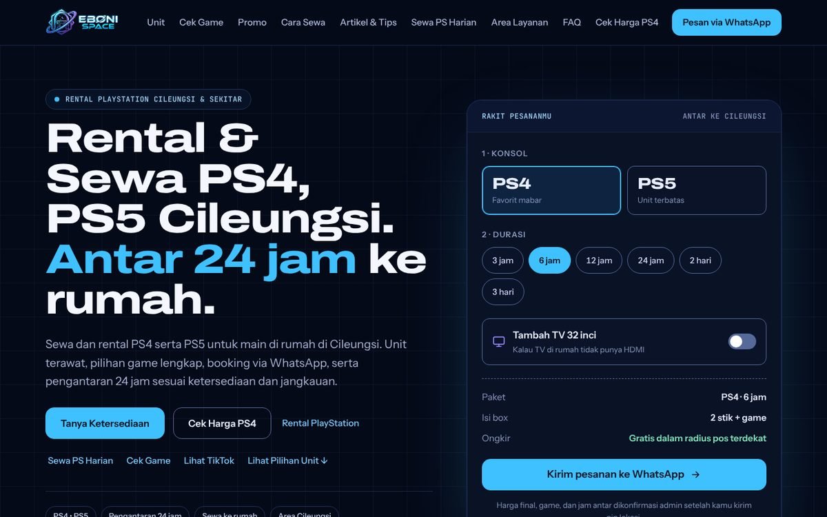 Tampilan beranda sewapscileungsi.com dengan formulir pesan PS dan tombol WhatsApp